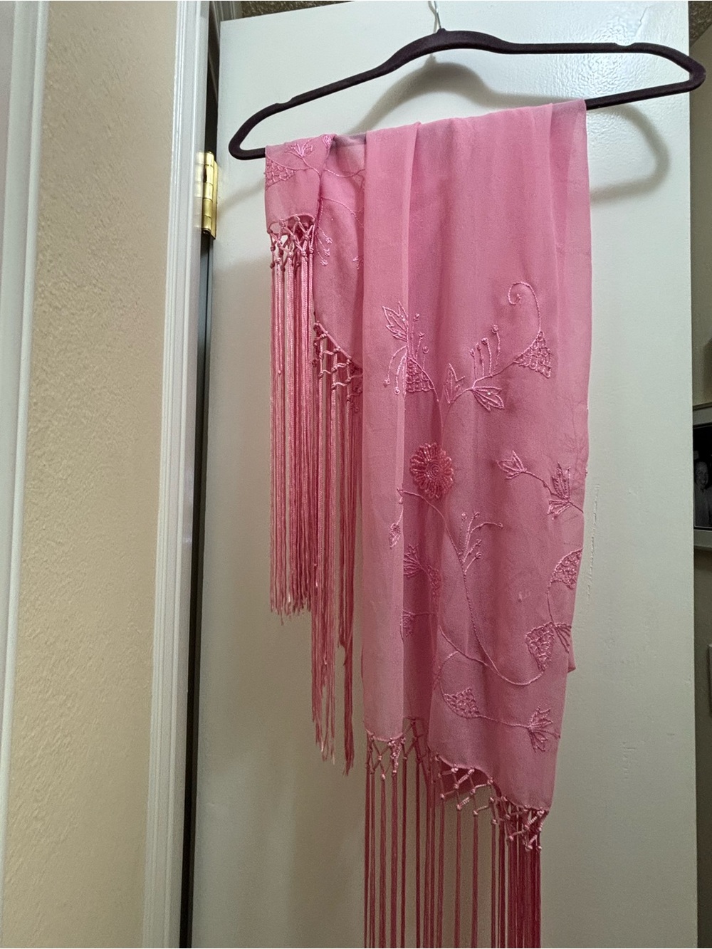 Pink Embroidered Fringe Shawl - Lightweight Floral Wrap